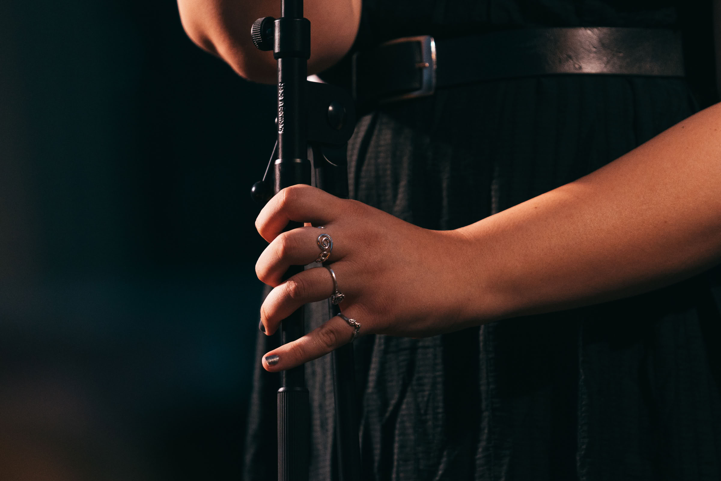 Dettaglio — mani che stringono l'asta del microfono